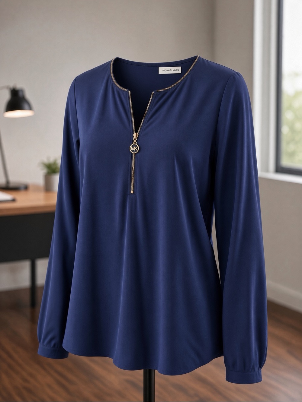 MICHAEL Michael Kors Navy Long-Sleeve Zip Pullover Top with Gold Trim